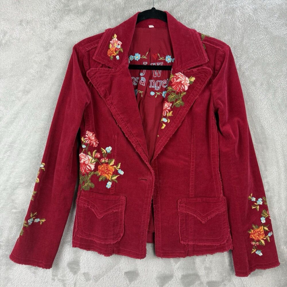 Johnny Was Red Corduroy Floral Embroidered Jacket Boho Bohemian Size Small READ